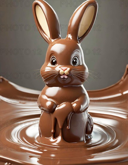 Cute funny little chocolate Easter bunny melts in warm melting chocolate, AI generated, AI