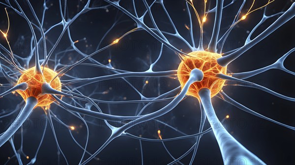 Visualization of neurons firing neurotransmitters in the synaptic gap, AI generated