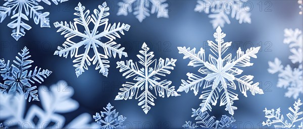Abstract pattern of snowflakes in varying sizes and shapes in soft white and blue gradients, AI