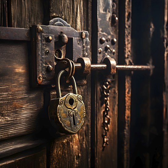 Detail of an old rusted lock on a wooden door, AI generated