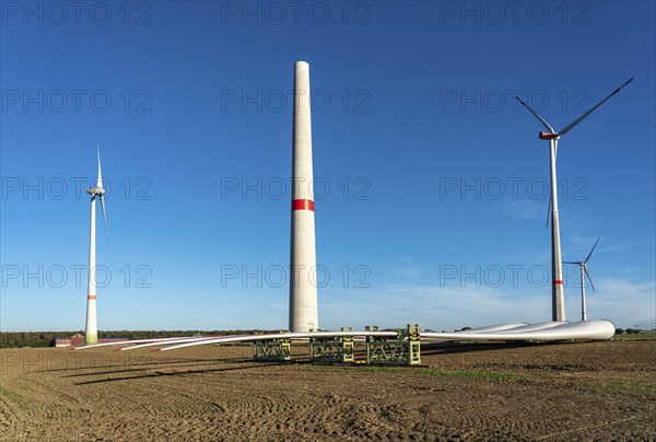 Wind farm near Bad Wünnenberg, construction site, storage area for a new wind turbine, components