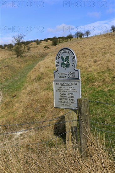 Cherhill Down Oldbury castle, National Trust sign, North Wessex Downs, Wiltshire, England, UK