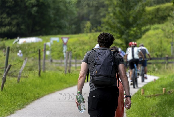 Cyclists and hikers on a circular route on Lake Tegernsee, Bavaria, Germany, Europe