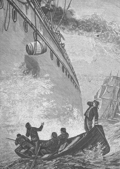 A large sea steamer gives provisions to a distressed sailing ship in the middle of the ocean,