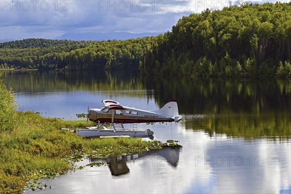 Seaplane Beaver de Havilland stands on the shore of a crystal-clear lake and is reflected in the