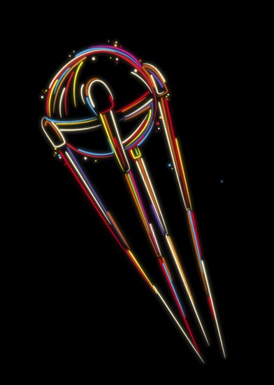 Satellite sketch, stylized vector illustrtion in colors over black