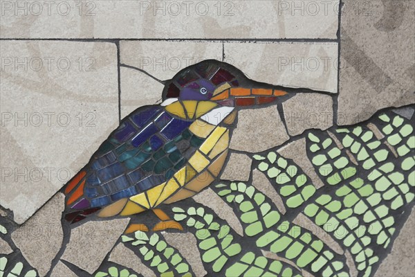 Wall mosaic with ore fisherman by Isidora Paz López 2019, one, kingfisher, bird figure, handicraft,