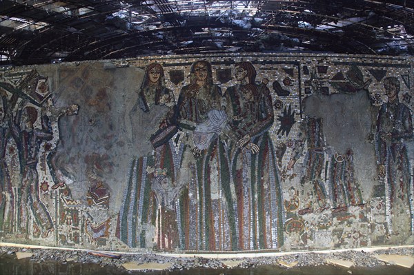 Ruined vandalised interior of Buzludzha monument former communist party headquarters, Bulgaria,