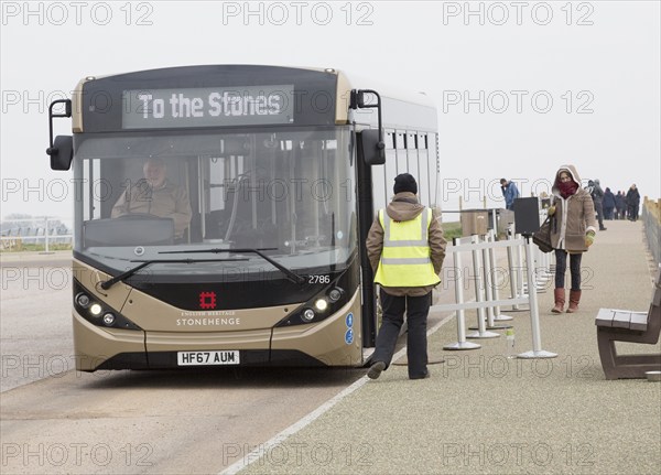 Visitor bus transport to and from the Stones, Stonehenge, Wiltshire, England, UK