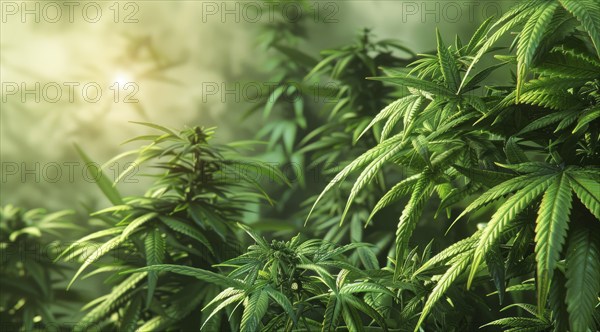 A field of green marijuana hemp plants. Concept of health and medicine usage and cultivation, AI
