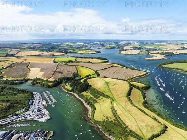 Salcombe and Mill Bay over Kingsbridge Estuary from a drone, Batson Creek, Southpool Creek, Devon,