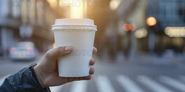 Person's hand holding white disposable coffee cup with blurry city in background. KI generiert,