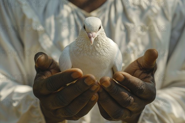 Close-up of a man's hands, with a white dove, dove of peace, AI generated, AI generated, AI