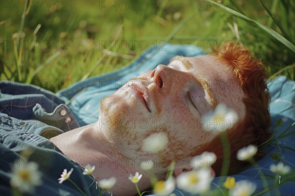 Teenager, young fair-skinned man with red hair and freckles lying on a spring meadow and basking in