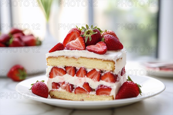 Piece of traditional Italian Strawberry Dulce de Leche cake on plate. KI generiert, generiert, AI