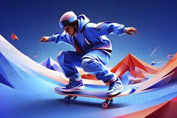 Skateboarder in dynamic jump abstracted into fluid shapes that capture elegance and dynamic in