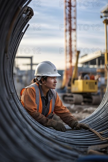 Portrait of a female construction worker with a white helmet, AI generated