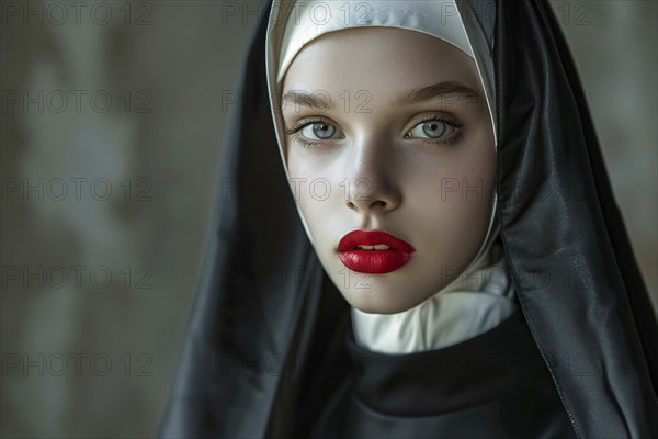 Face of young woman with red lipstick and christian nun habit with veil. Generative Ai, AI