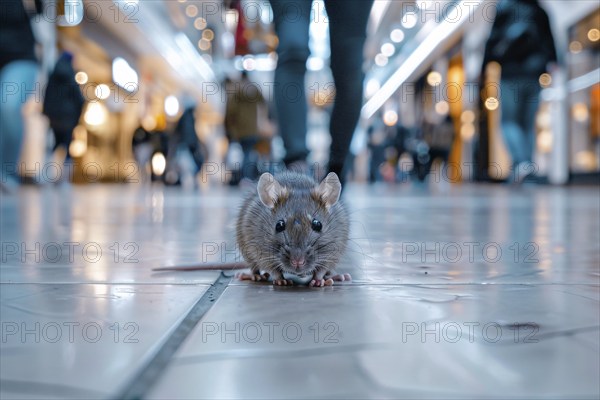 Close up of small rat in shopping mall in city. Generative Ai, AI generated