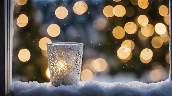 Snow-covered window with frost patterns, candlelight softly glowing through the glass, and warm,
