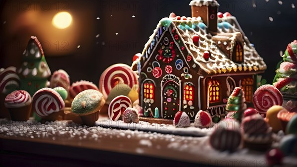 Gingerbread house decorations, focusing on the intricate icing details, colorful candy, and soft,