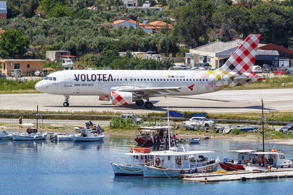 A Volotea Airbus A320 aircraft with the registration EC-NUO at Skiathos Airport, Greece, Europe