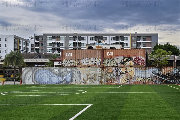 Football pitch with lorry container