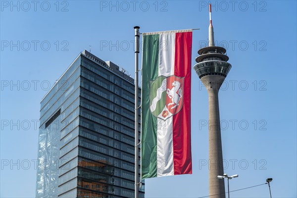 City gate building, Rhine Tower, North Rhine-Westphalia State flag, Düsseldorf, North