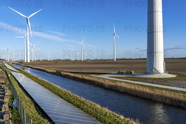 Solar park on the Slaperdijk dyke near the Eemshaven, test project, 17, 000 solar modules were
