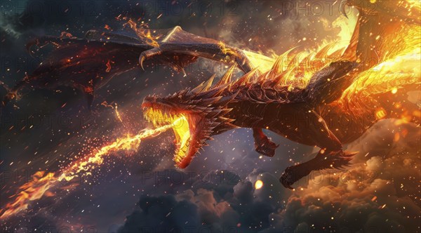 Flying dragon is spewing fire from its mouth, AI generated