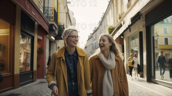 Two lesbian girlfriends walking along the streets of europe, generatvie AI, AI generated