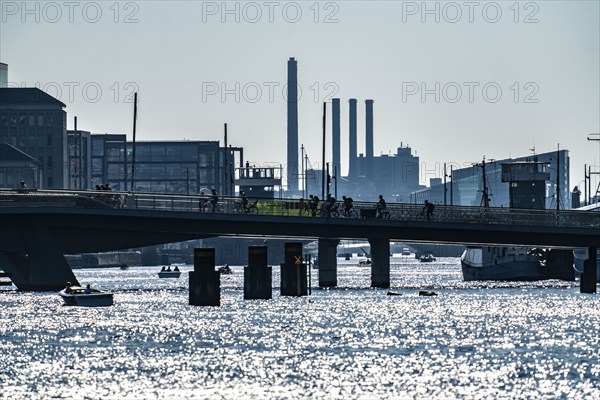 View over the harbour, the pedestrian and cycle bridge Inderhavnsbroen, skyline at Sydhavnen in the
