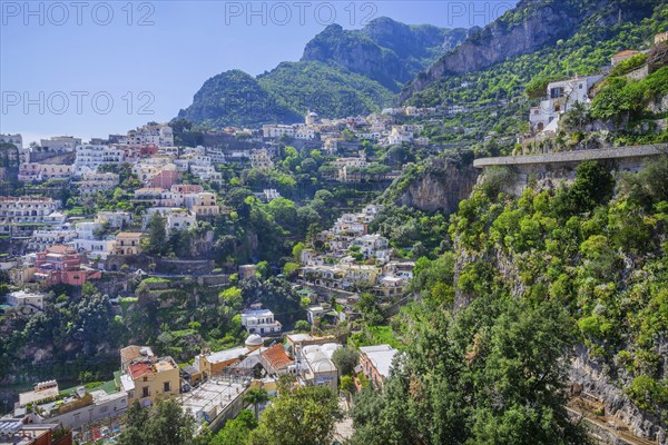 Panorama of the village in a dramatic location on the steep slopes of the coastal mountain range,