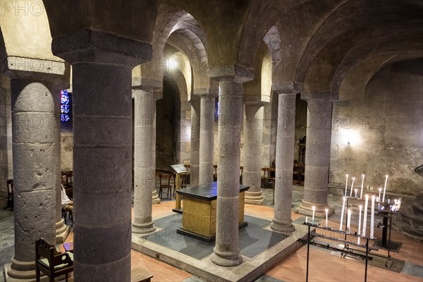 Orcival. Crypt of Notre-Dame d'Orcival, Puy-de-Dôme, Auvergne-Rhone-Alpes, France, Europe