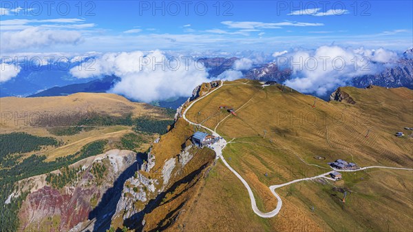 Summit station of the Seceda cable car, Sofie hut, drone shot, Val Gardena, Dolomites, Autonomous