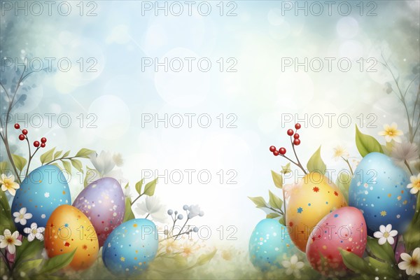 A festive and vibrant background for Easter celebration, featuring multiple decorated eggs in
