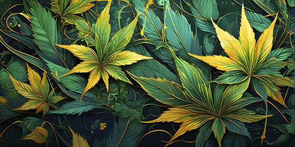 Abstract wallpaper highlighting stylized cannabis leaves in vibrant green and golden colors, AI