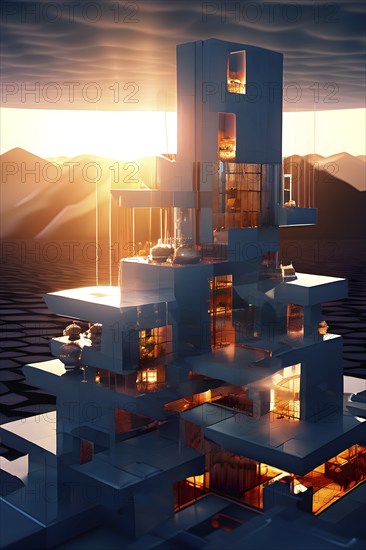 KI generated architectural structure melding computer aided design illustrations with genuine