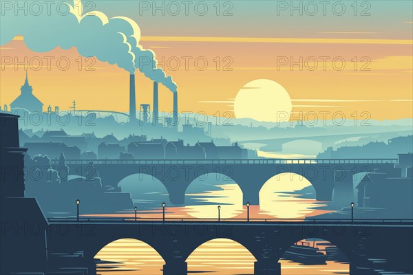 Illustration, graphic of an industrial landscape with bridges over a river, smoking chimneys at