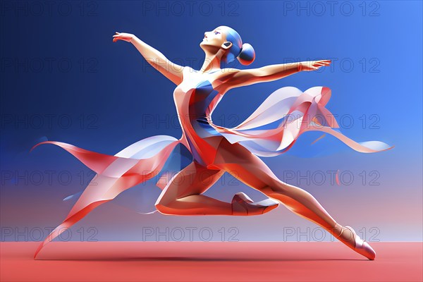 Abstract digital render of an olympic rythm sports gymnast morphing into fluid shapes of french