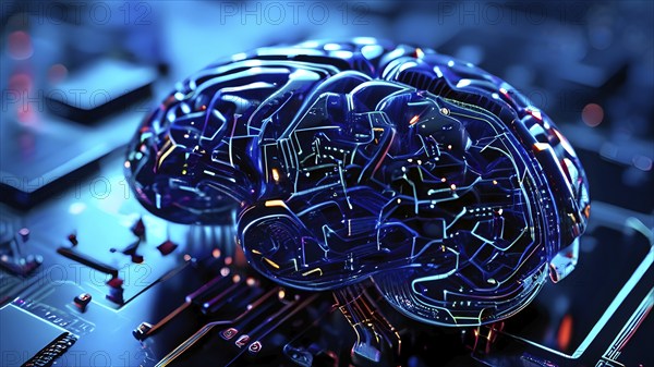 Human brain intricately interlinked with the circuits of a computer board symbolizing artificial
