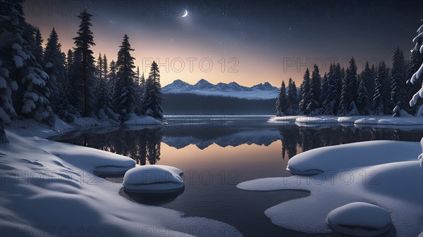 Tranquil winter night scene with a crescent moon and stars shining brightly over a frozen lake,