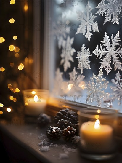 Snow-covered window with frost patterns, candlelight softly glowing through the glass, and warm,