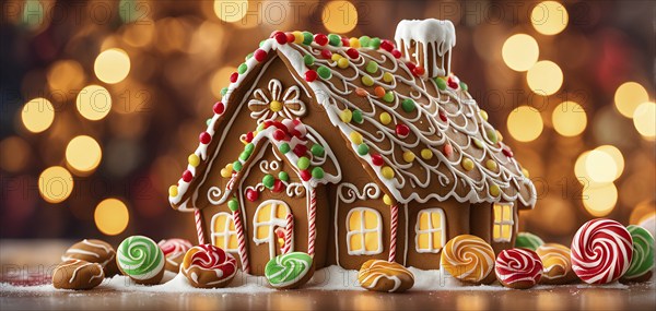 Abstract wallpaper illustration of of gingerbread house decoration, AI generated