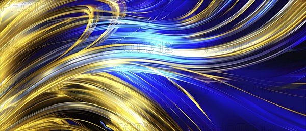 Abstract Illustration of energetic and dynamic swirl of gold, silver, and deep blue hues,