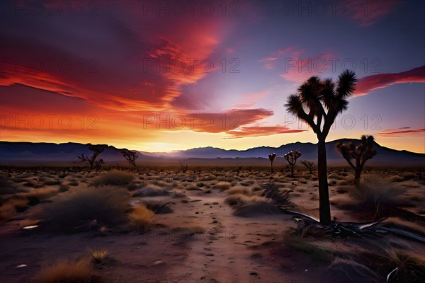 Mojave desert with joshua trees sprinkled in a sunrise, AI generated
