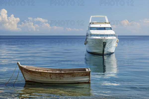 Concept for economic and social inequality showing small poor wooden fishing boat and luxury yacht