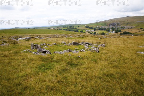 Stone hut circle at the Merrivale ceremonial complex Dartmoor national park, Devon, England, UK