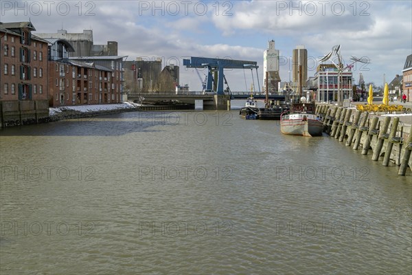 Inland harbour with railway lift bridge of Husum, North Frisia, Schleswig-Holstein, Germany, Europe