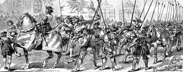 The procession of lansquenets at the unveiling of the war memorial in Tölz, Bavaria, Germany, 1887,